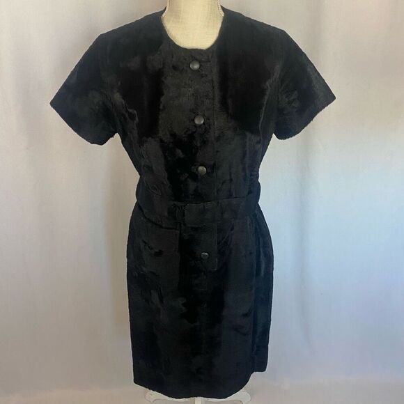 Rare Vintage VTG 1960s 60s Black Faux Fur Mod Mini Dress Button Up Women’s - Picture 1 of 14